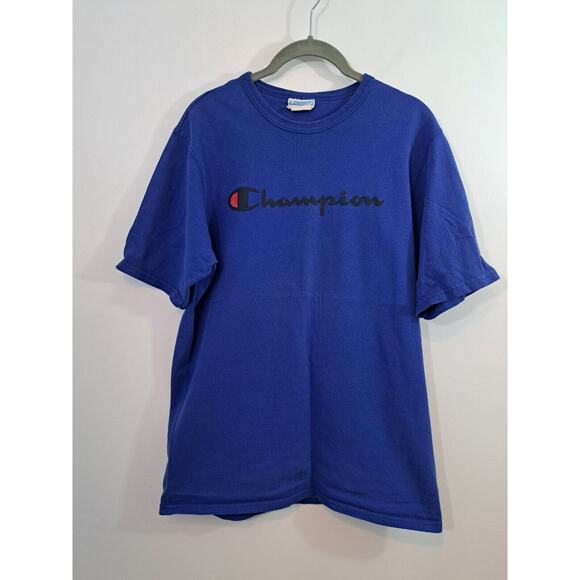 Champion Men's Blue Spellout Heavy Tee In Size Large Flaw - Picture 1 of 5